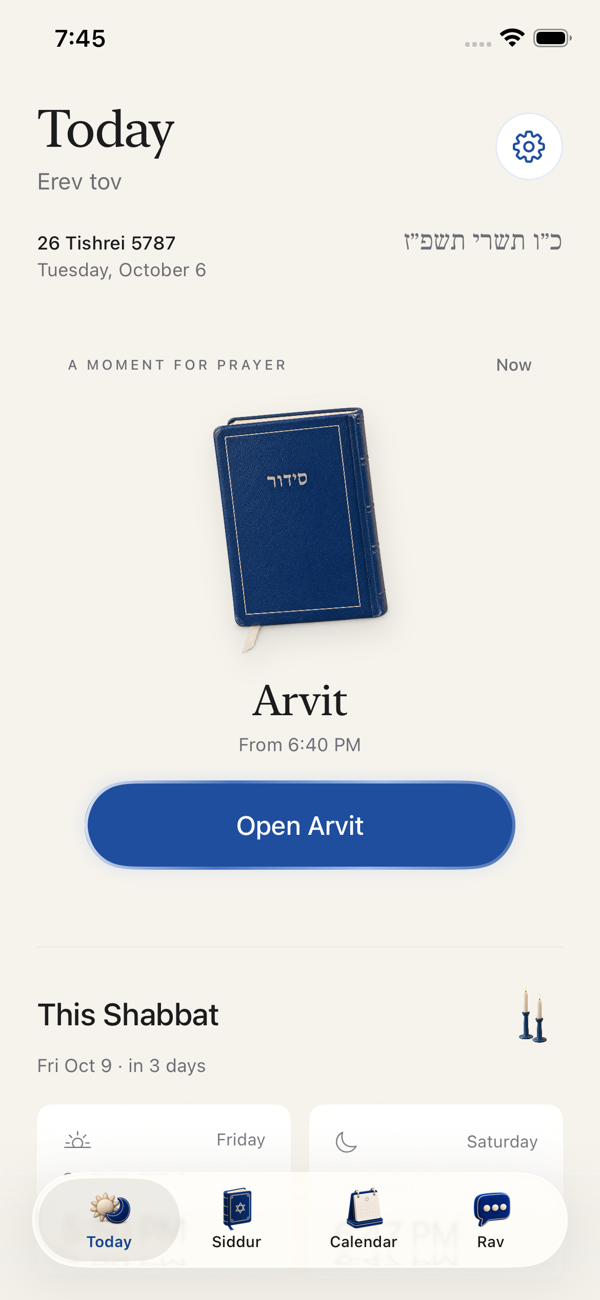 Kavaná on iPhone, showing the current prayer, daily times, and Shabbat times